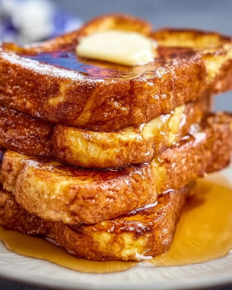 Delicious Blackstone French Toast plated with syrup and berries.