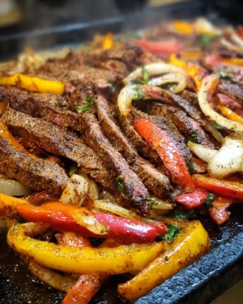 Grilled Blackstone steak fajitas with peppers and onions on a platter.