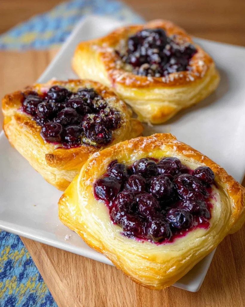 Freshly baked Blueberry Cheese Danish with cream cheese and blueberries