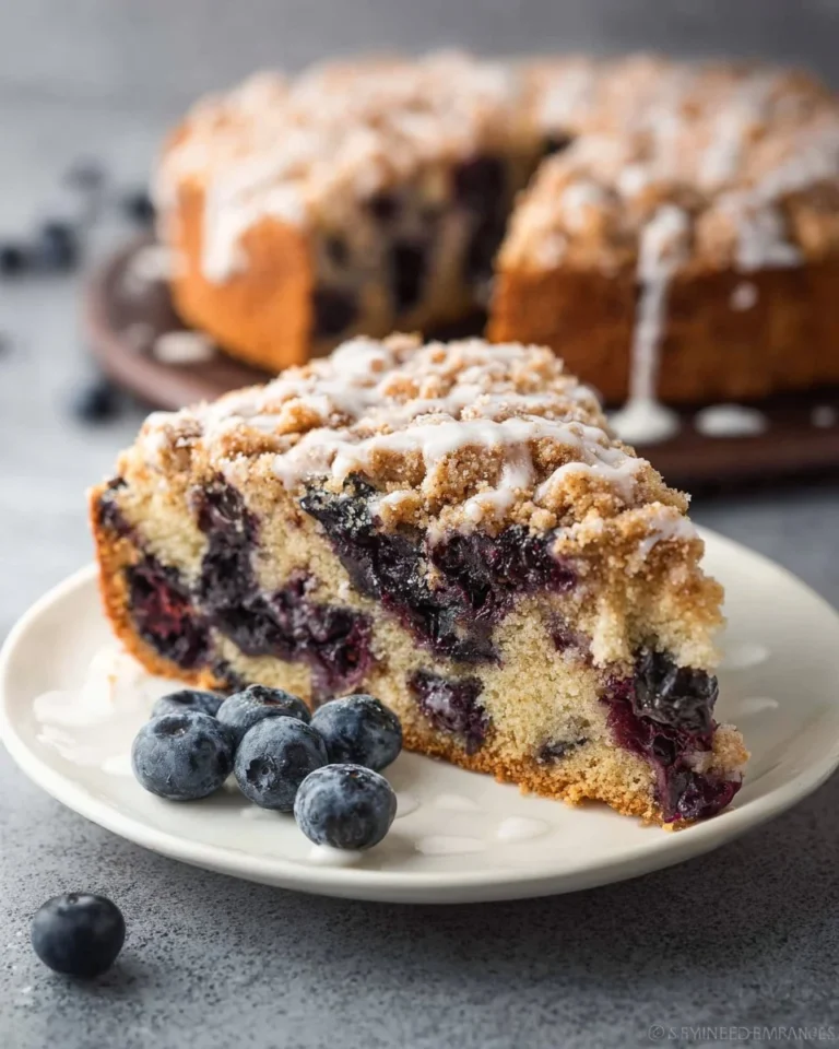Delicious slice of blueberry coffee cake with fresh blueberries on top