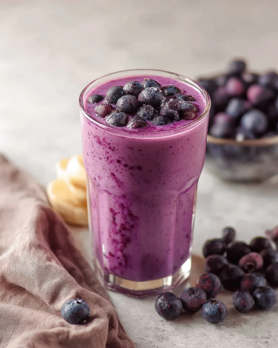 Delicious blueberry smoothie in a glass with fresh blueberries on top