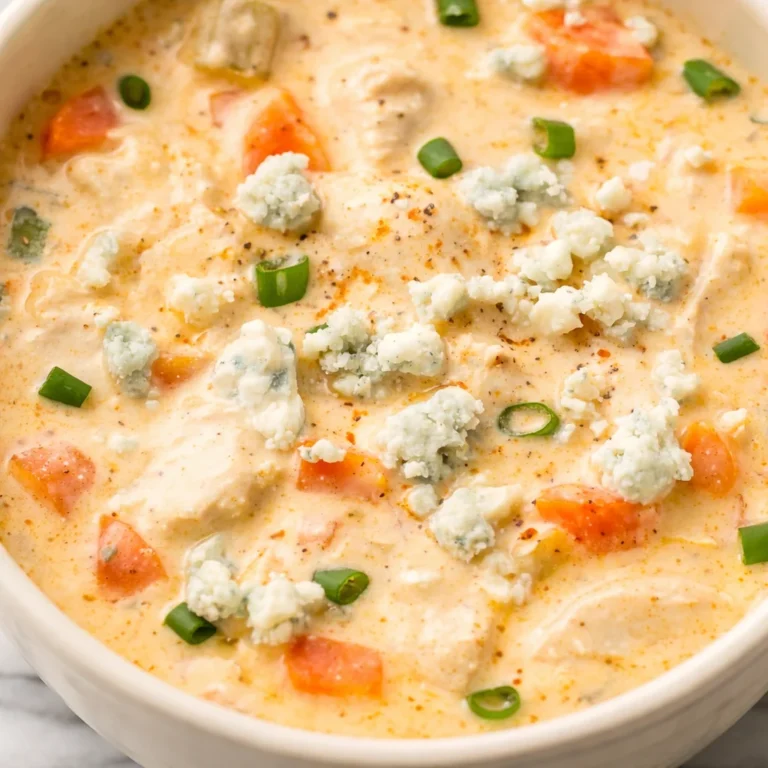 Bowl of creamy Buffalo Chicken Soup garnished with green onions and served with bread.