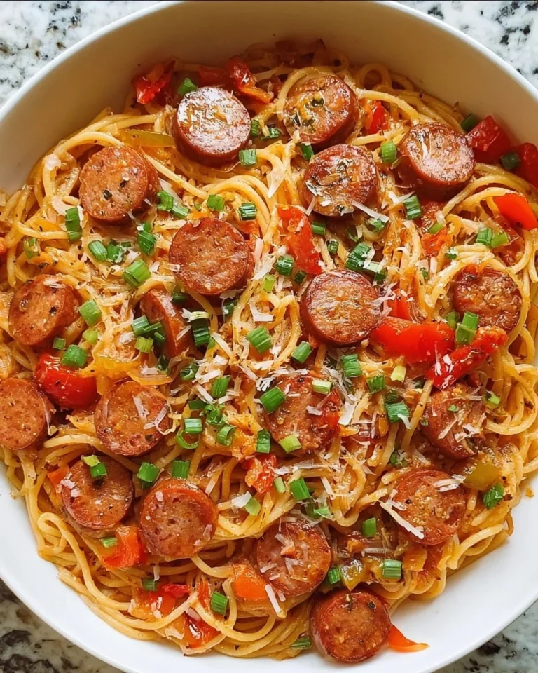 A delicious plate of Cajun sausage spaghetti garnished with herbs and spices.