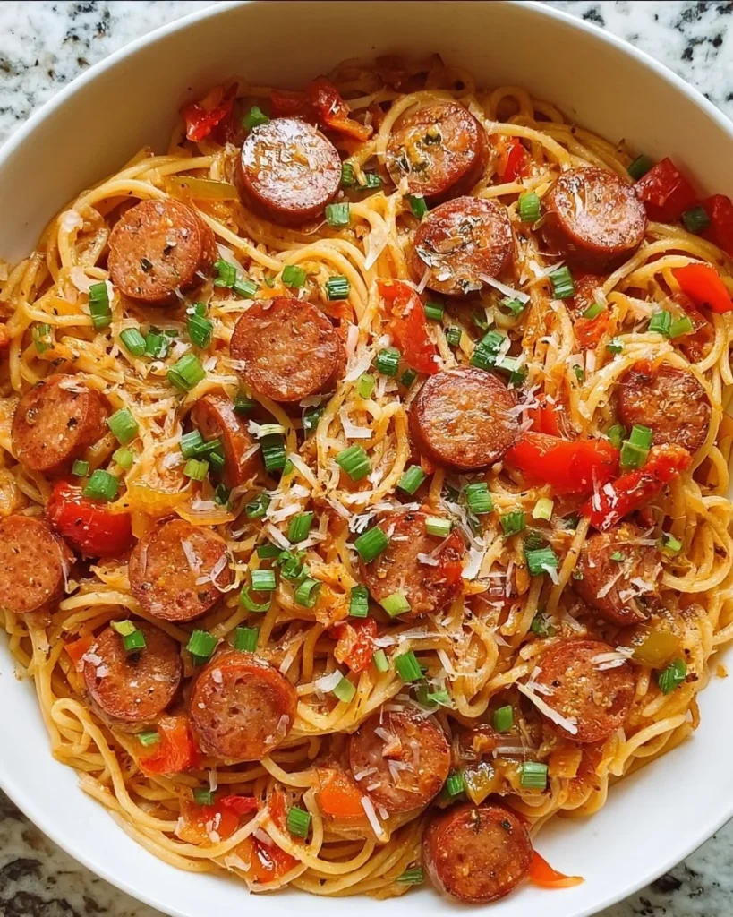 A delicious plate of Cajun sausage spaghetti garnished with herbs and spices.