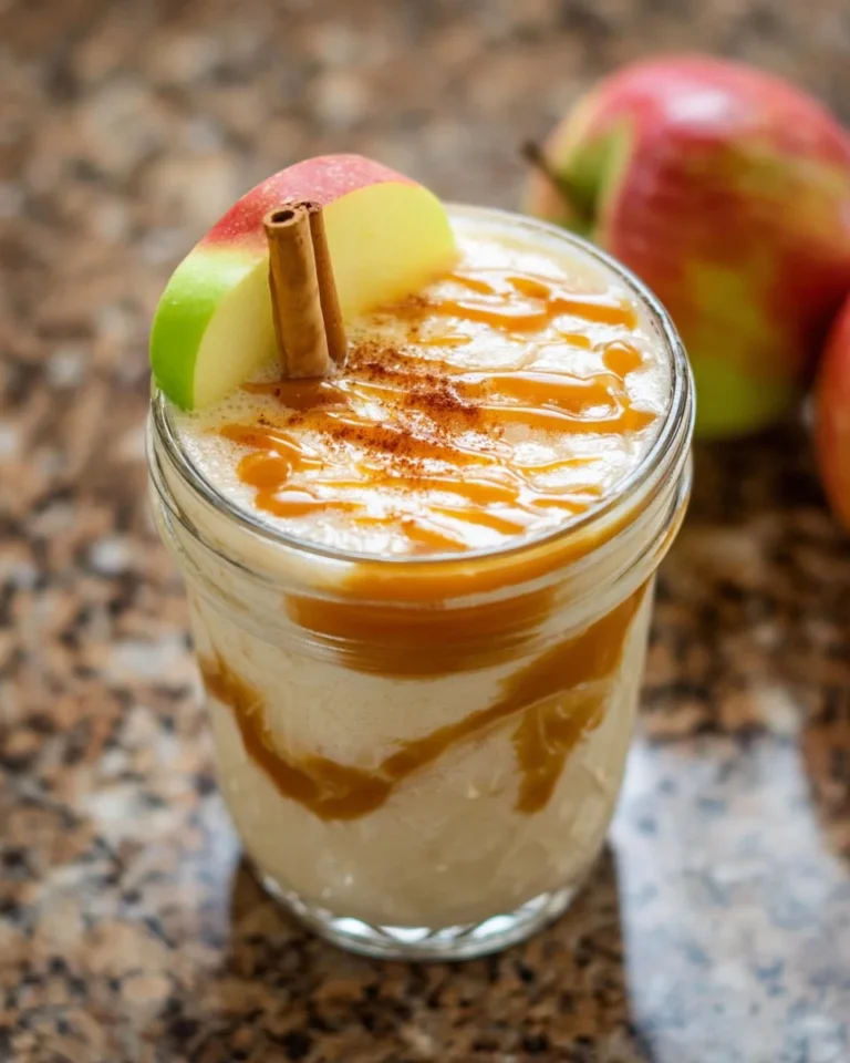 Delicious caramel apple smoothie topped with whipped cream and caramel drizzle