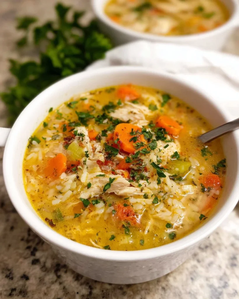 Bowl of homemade chicken rice soup garnished with herbs