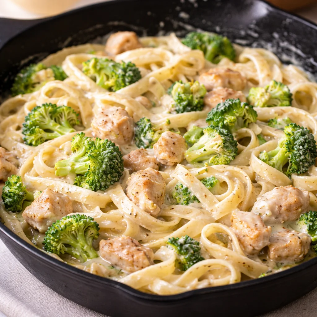 Plate of chicken broccoli fettuccine alfredo with creamy sauce and broccoli florets