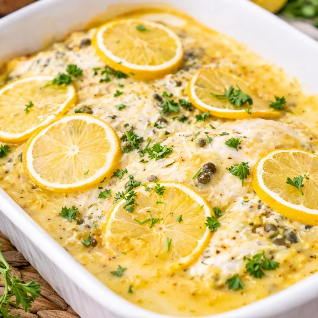Delicious Chicken Piccata Casserole with lemon, capers, and creamy topping.