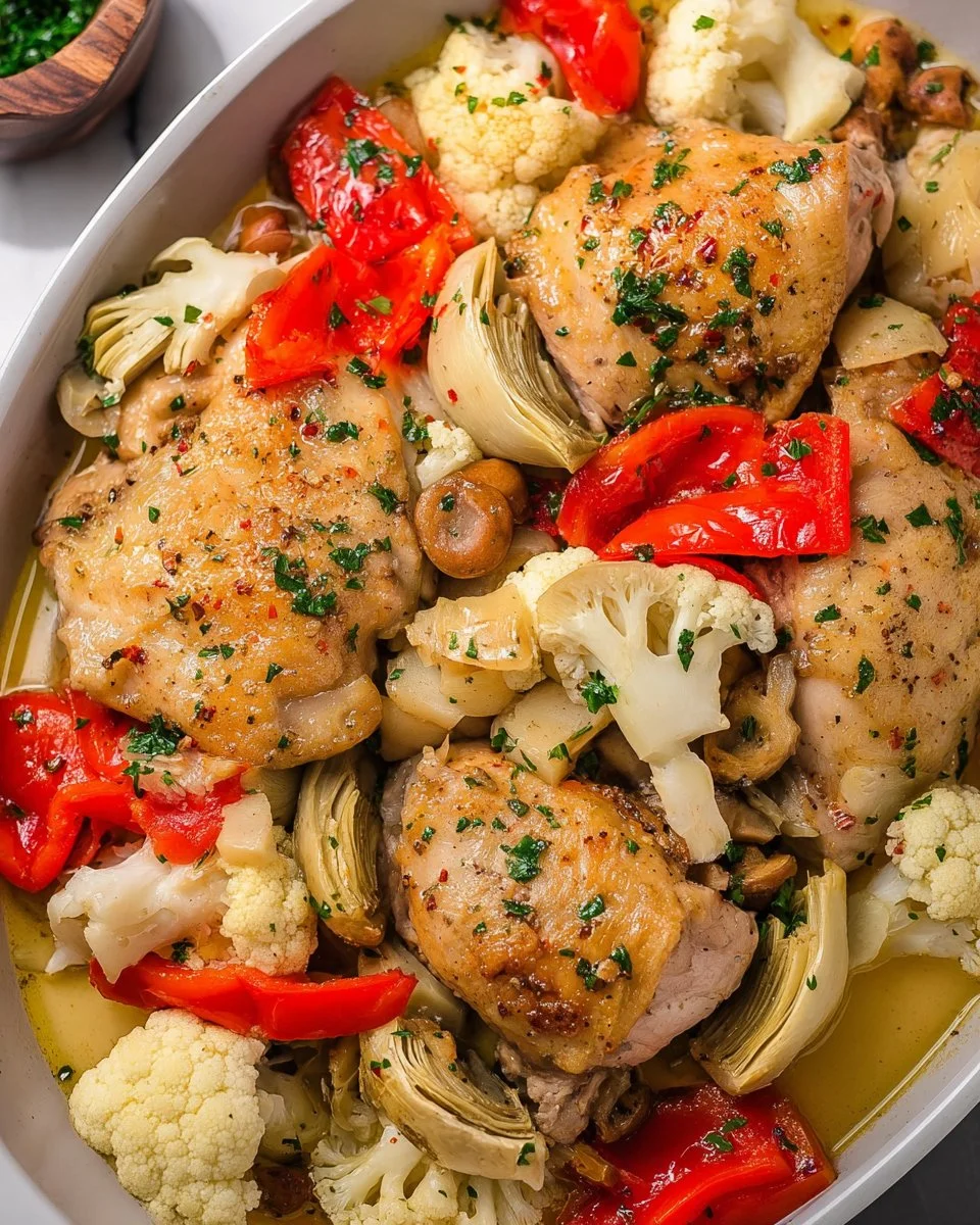Delicious Chicken Scarpariello with cauliflower and artichokes served on a plate