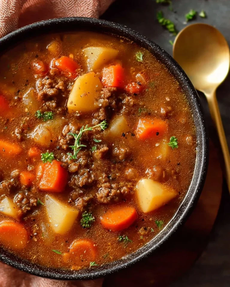 Bowl of comforting Irish Ground Beef Stew with vegetables and herbs