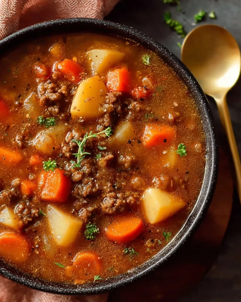 Bowl of comforting Irish Ground Beef Stew with vegetables and herbs