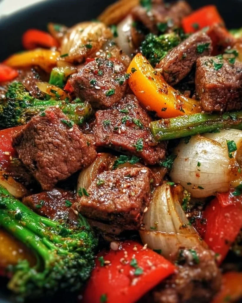 Colorful Cowboy Stir Fry featuring beef and mixed vegetables in a skillet.