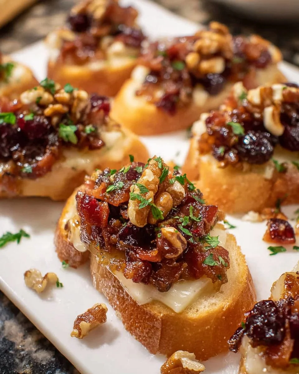 Elegant Cranberry Bacon Jam Crostini served on a wooden platter.