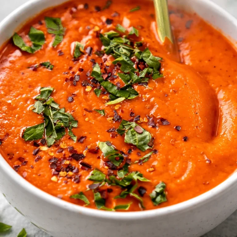 Creamy roasted red pepper sauce served in a bowl with herbs.