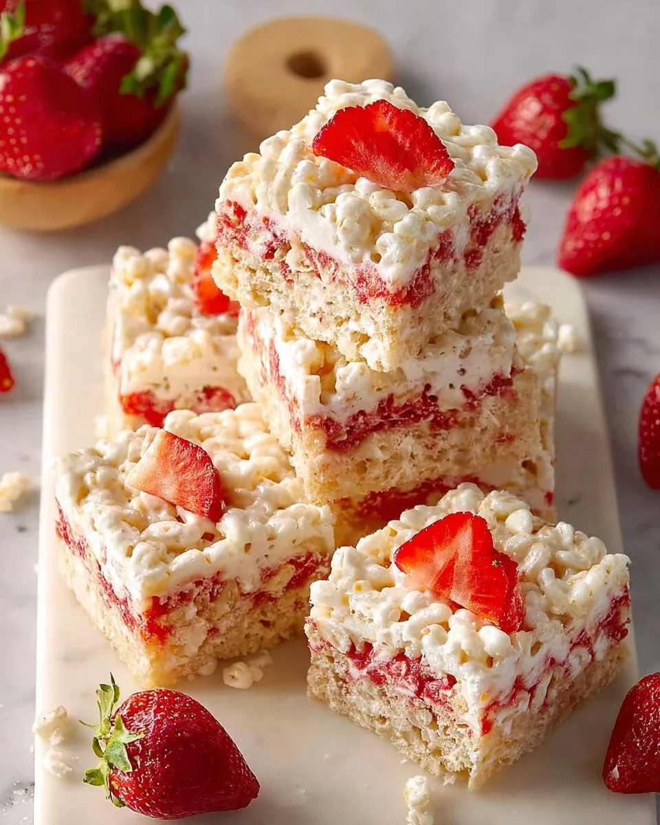 Creamy strawberry shortcake Rice Krispie treats topped with fresh strawberries