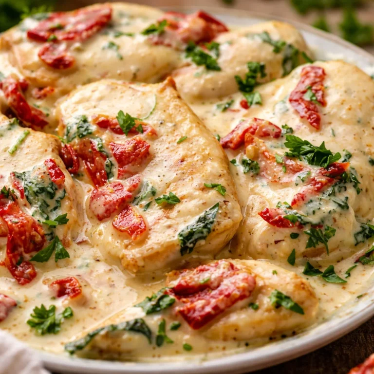 Delicious creamy Tuscan garlic chicken with spinach and sun-dried tomatoes served on a plate.