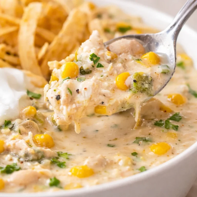 Bowl of creamy white chicken chili topped with sour cream and green onions.