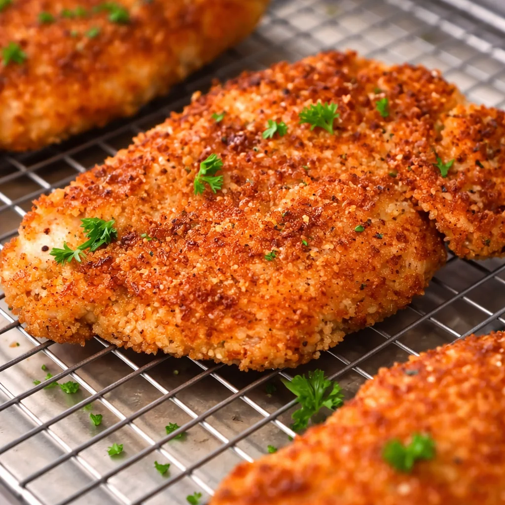 Crispy panko crusted chicken breasts served on a plate with dipping sauce.