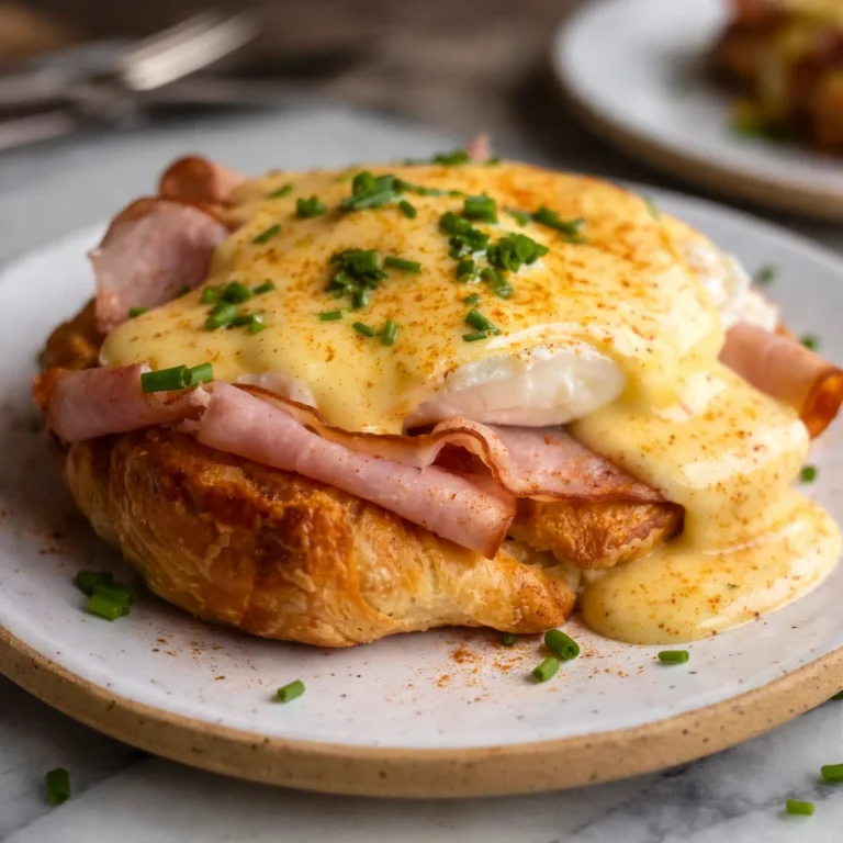 Delicious Croissant Eggs Benedict topped with poached eggs and creamy hollandaise sauce.
