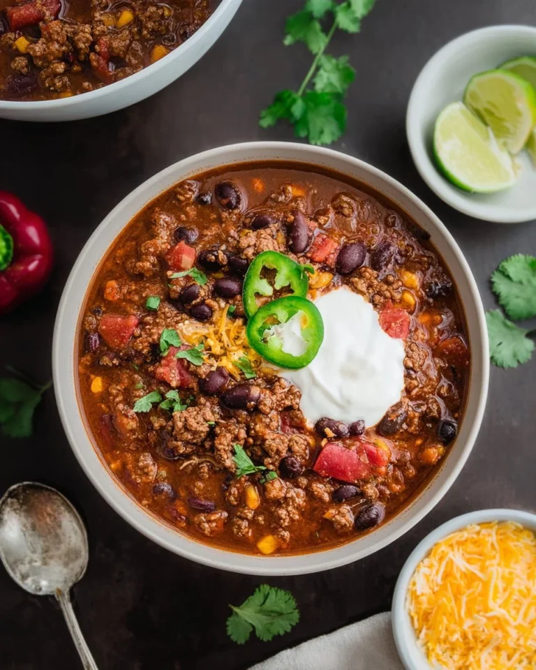 Bowl of easy Chipotle Chili topped with fresh herbs and avocado
