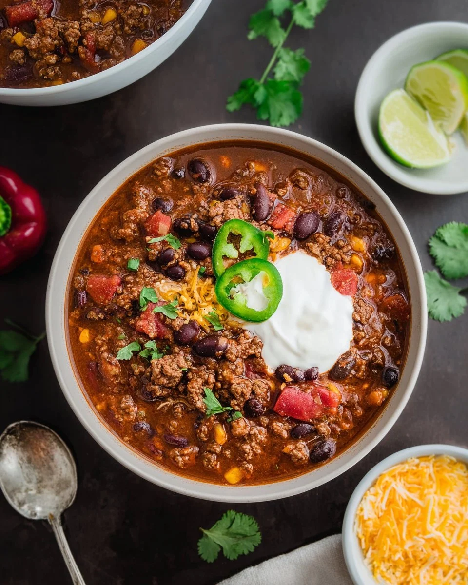 Bowl of easy Chipotle Chili topped with fresh herbs and avocado