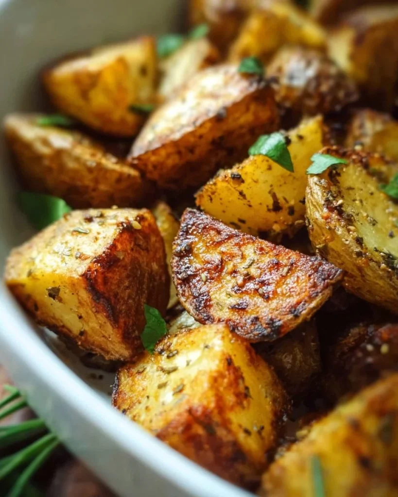 Plate of easy crispy oven roasted potatoes garnished with herbs