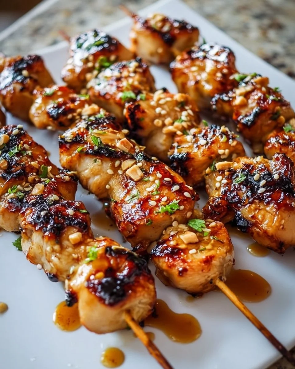 Delicious grilled chicken skewers with honey garlic sauce on a plate