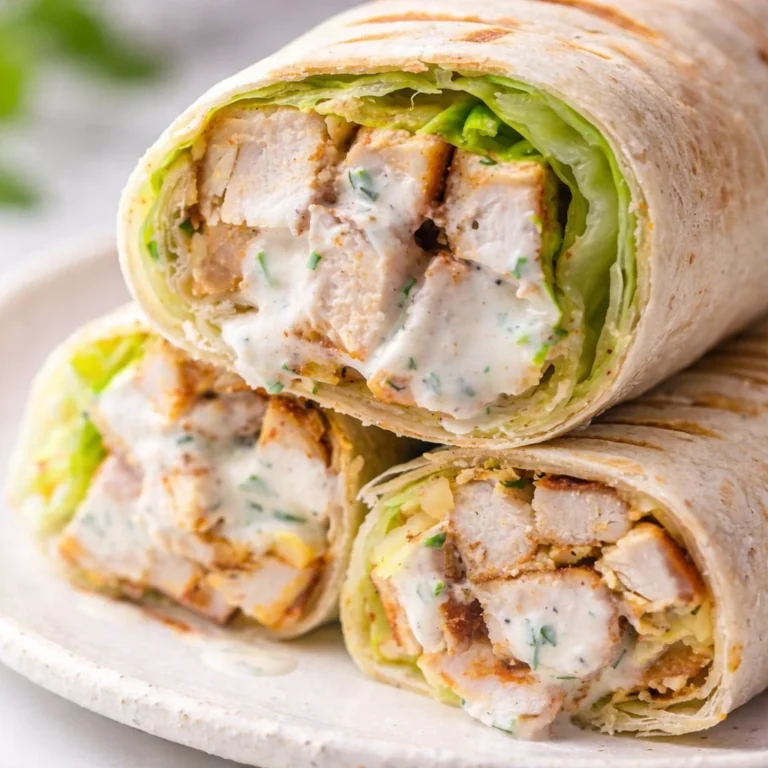Freshly made grilled chicken wrap with vegetables and ranch dressing on a tortilla.