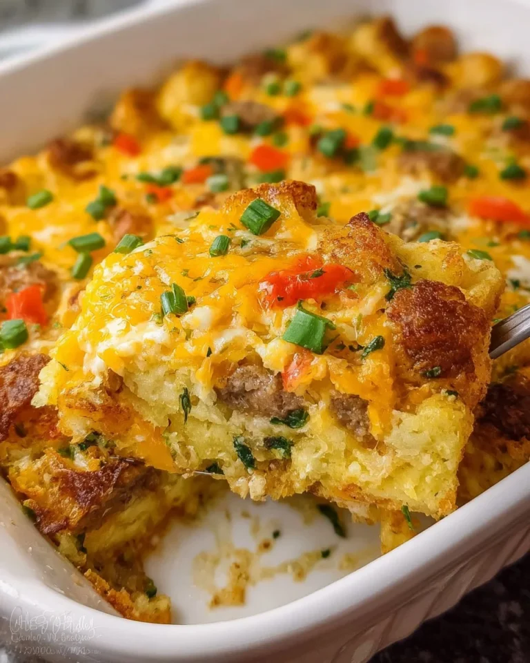 Easy tater tot breakfast casserole topped with cheese and eggs for a delightful meal.