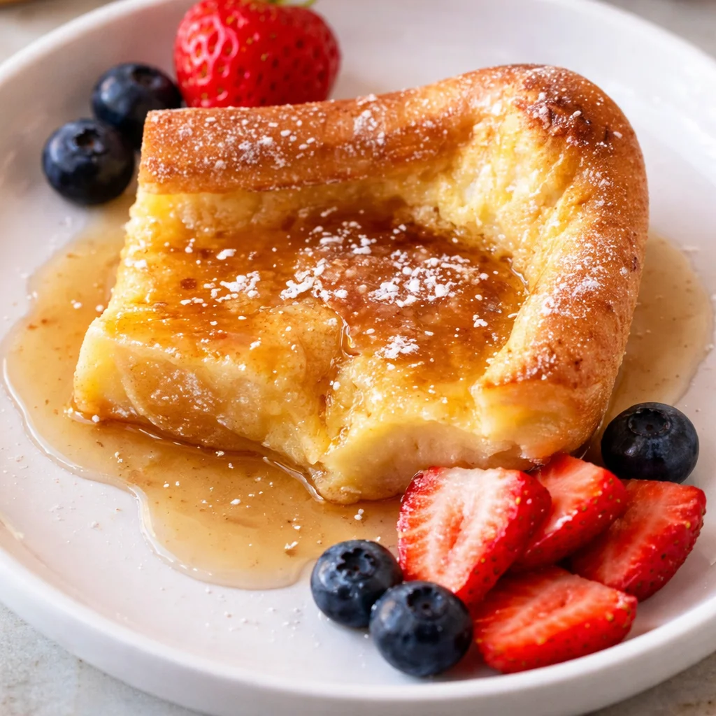 Freshly baked German Oven Pancakes puffed up and golden brown, served warm with toppings.