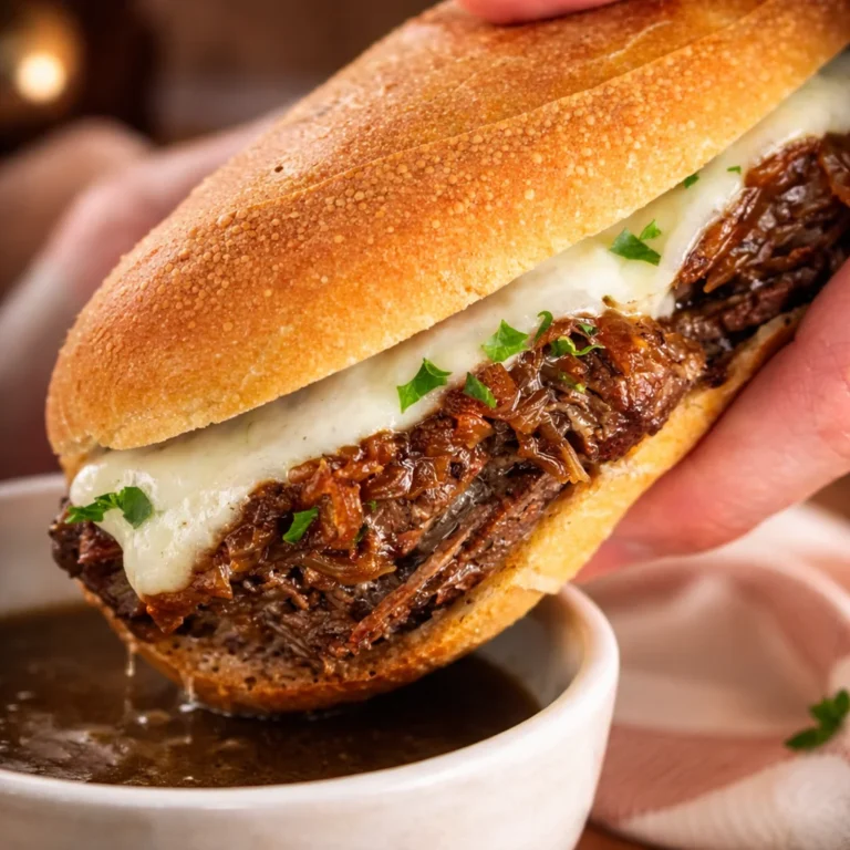 Classic French dip sandwich with tender beef, melted cheese, and rich au jus for dipping.