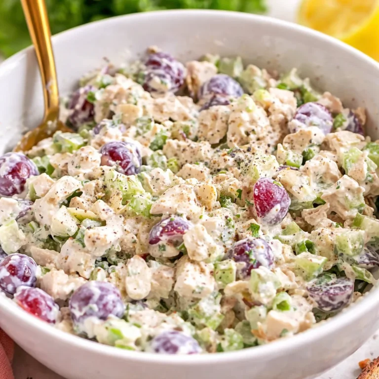 Healthy chicken salad with grapes, celery, and yogurt dressing in a bowl.