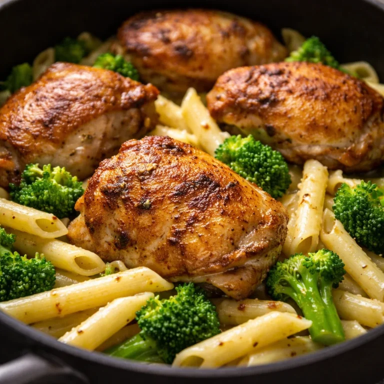 Delicious Garlic Chicken Thighs with Broccoli, prepared in one pot for a quick meal.