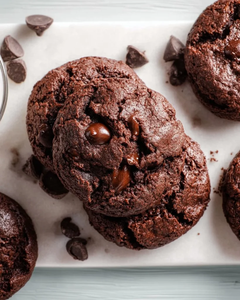 Gluten-free double chocolate chip cookies on a rustic wooden table.