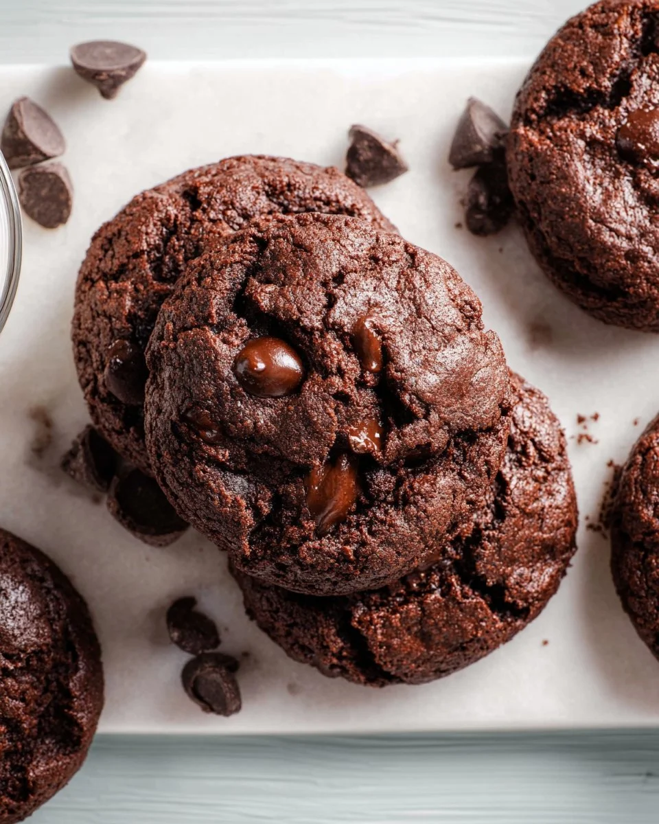 Gluten-free double chocolate chip cookies on a rustic wooden table.