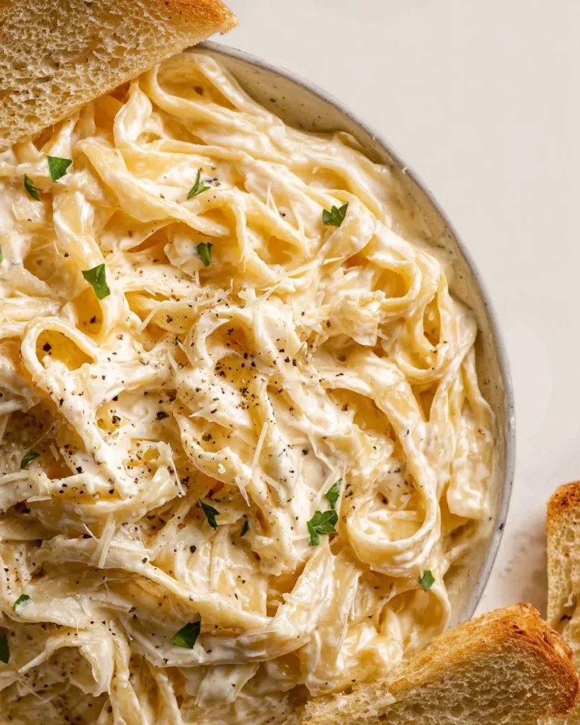 Plate of gluten-free fettuccine alfredo with creamy sauce and garnished parsley
