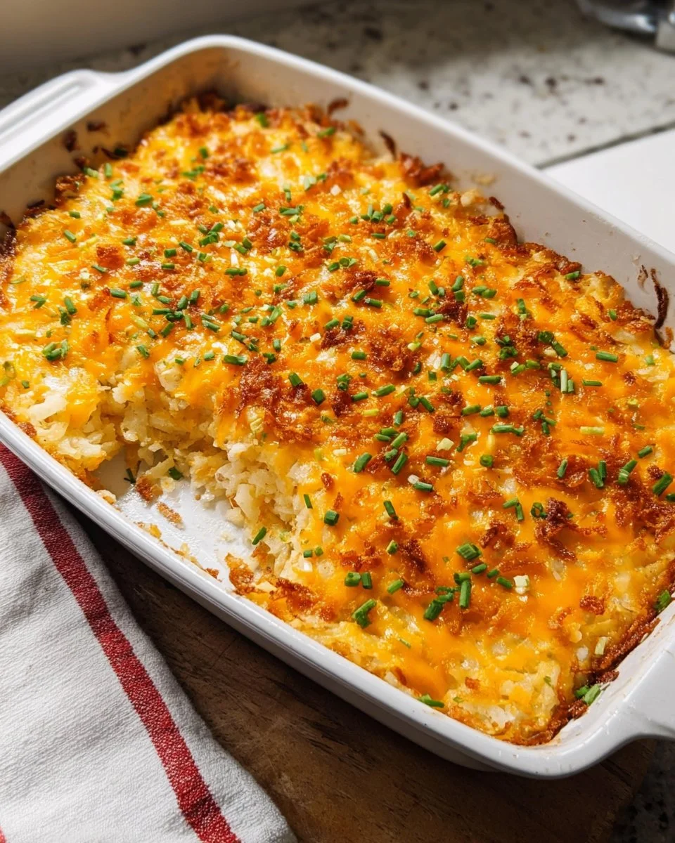 Gluten-free hashbrown casserole baked with cheese and herbs