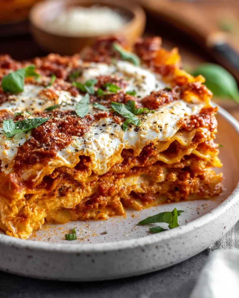 A serving of homemade gluten-free lasagna topped with melted cheese and herbs.