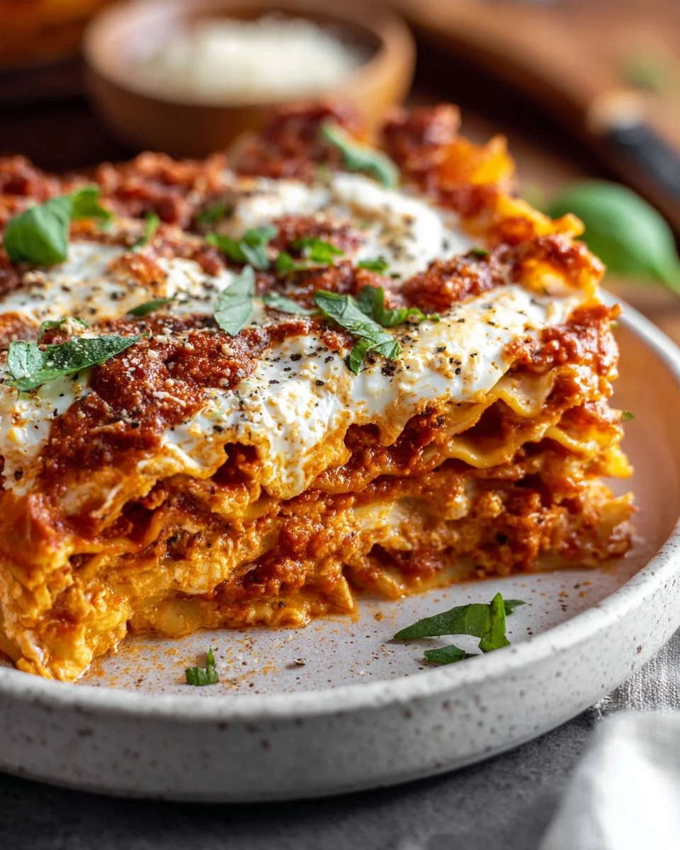 A serving of homemade gluten-free lasagna topped with melted cheese and herbs.