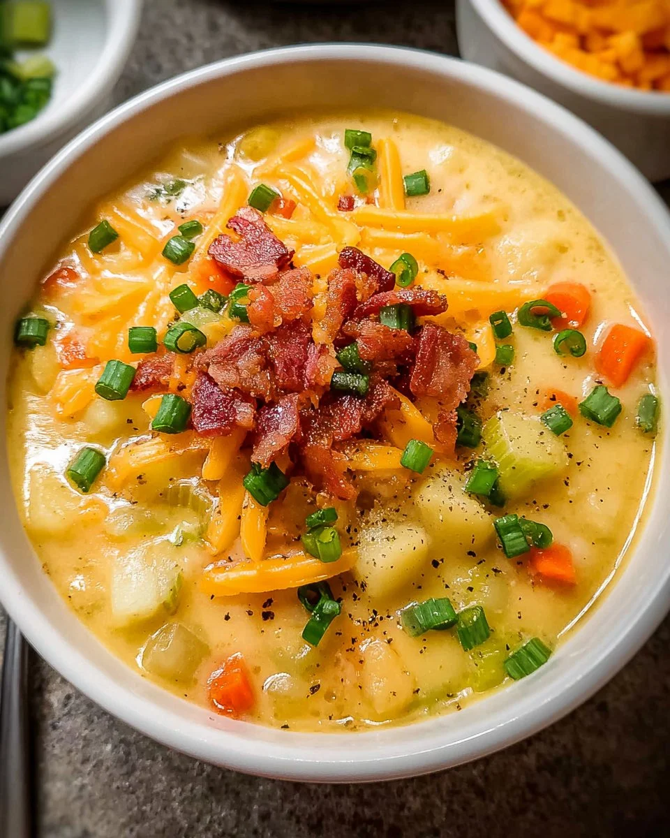 Bowl of creamy gluten-free potato soup topped with herbs and spices.
