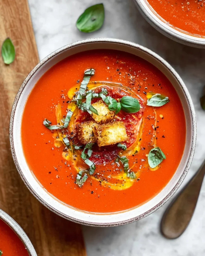 Bowl of gluten-free tomato soup garnished with fresh herbs