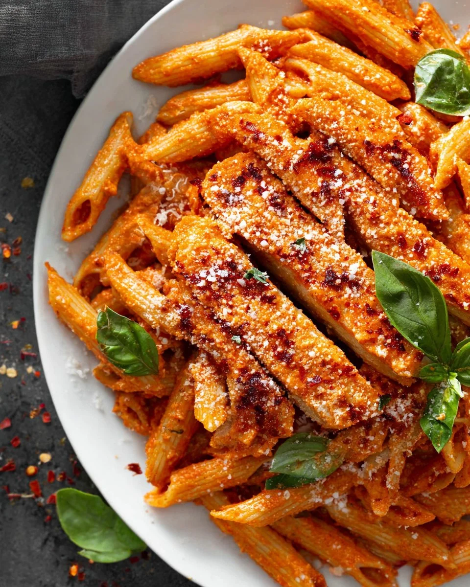 Plate of gluten-free vodka pasta with fresh basil and parmesan cheese