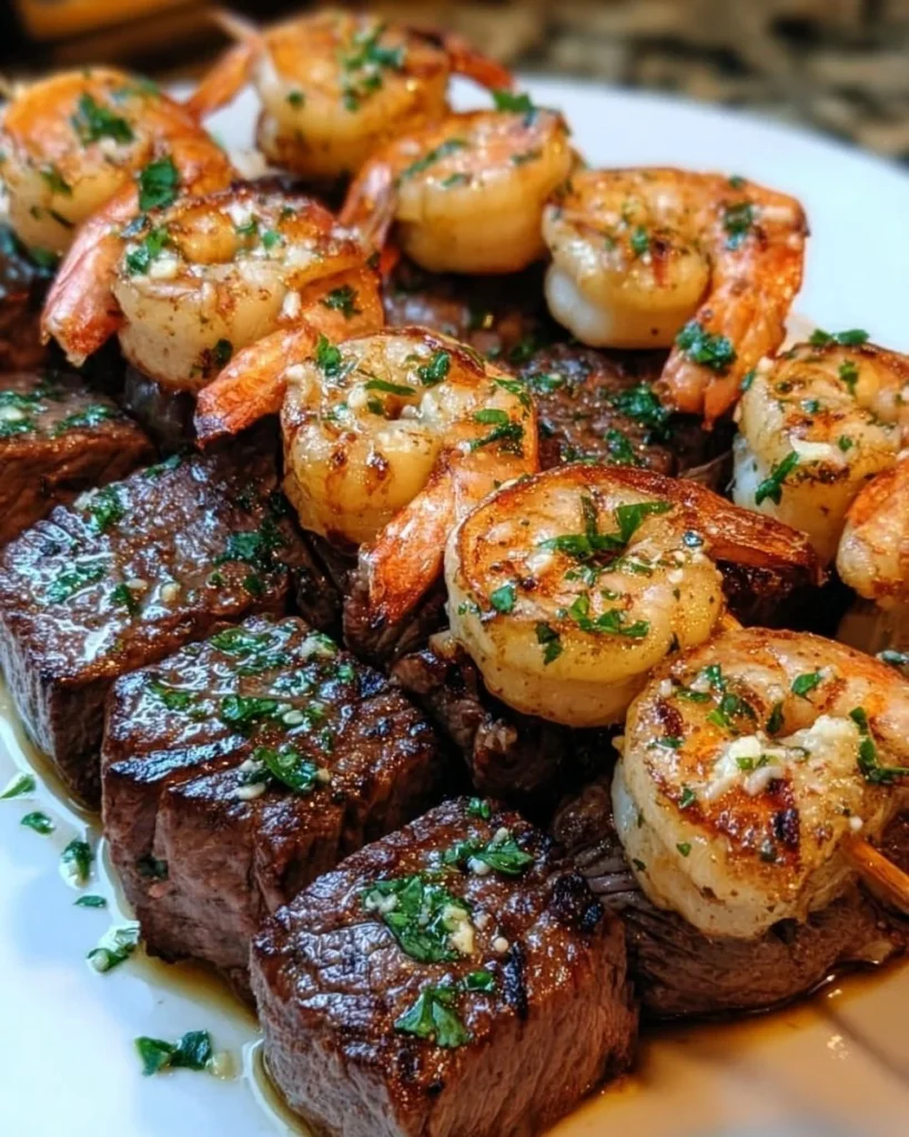 Grilled steak and shrimp skewers drizzled with garlic butter, ideal for outdoor grilling