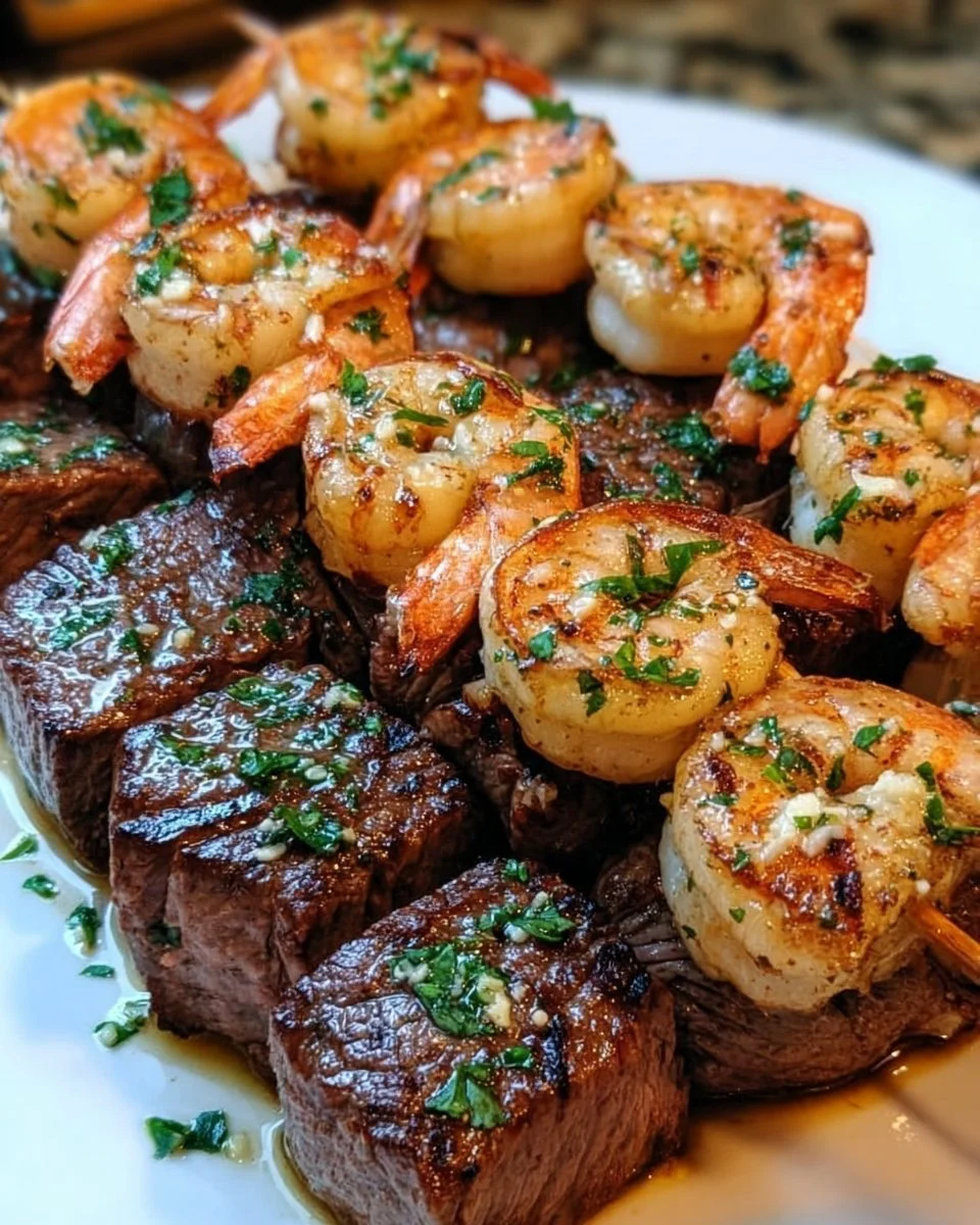 Grilled steak and shrimp skewers drizzled with garlic butter, ideal for outdoor grilling