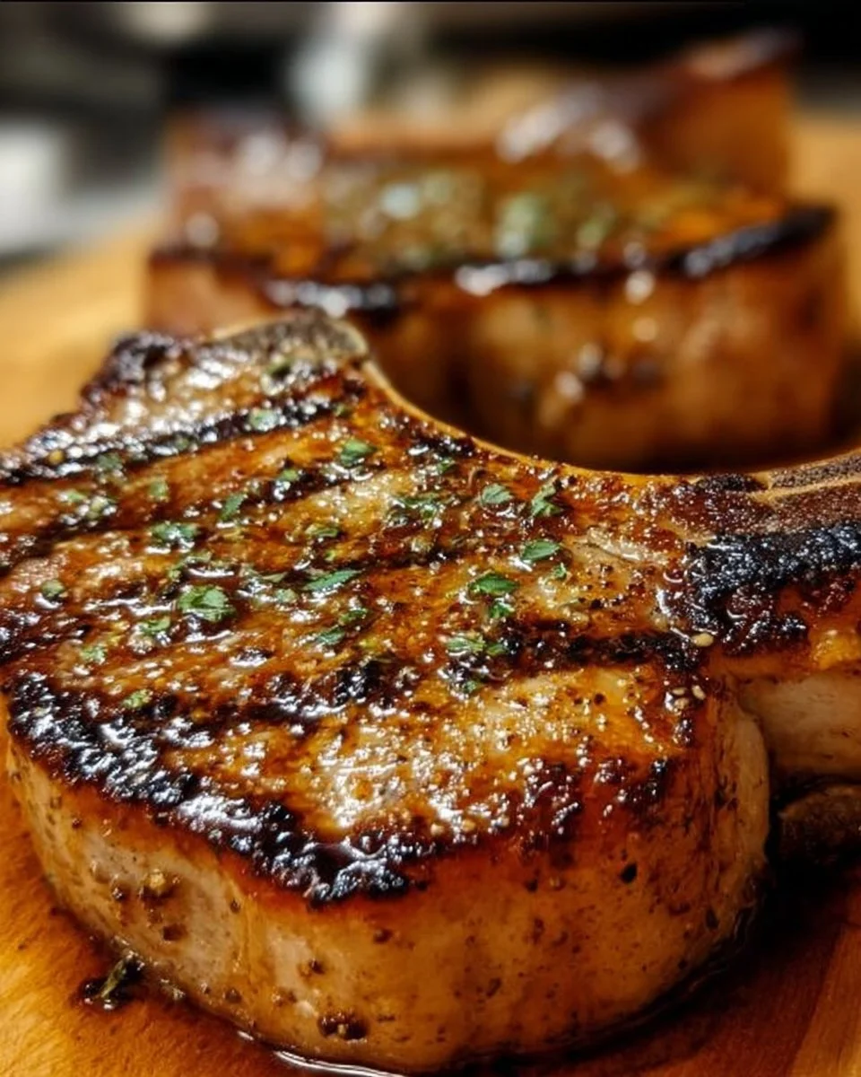 Delicious grilled pork chops styled like Texas Roadhouse, garnished and ready to serve.