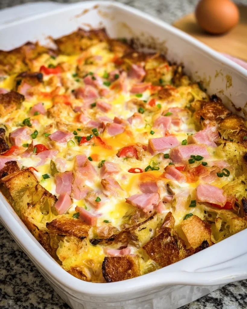 Delicious ham and egg breakfast casserole in a baking dish