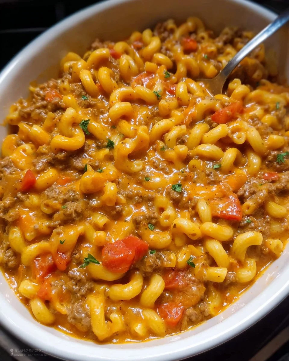 Healthier slow cooker hamburger helper served in a bowl with fresh ingredients.