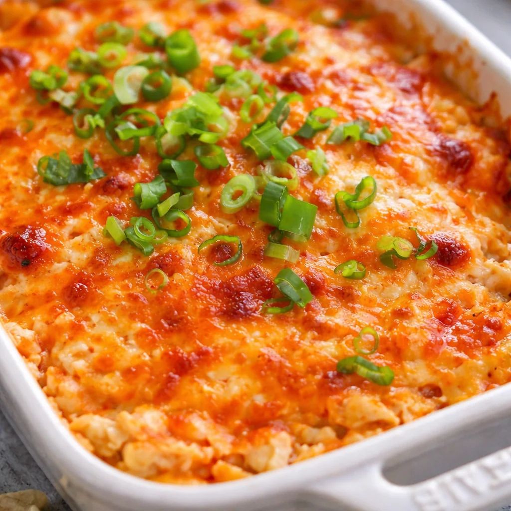 Bowl of Cottage Cheese Buffalo Chicken Dip with chicken and buffalo sauce