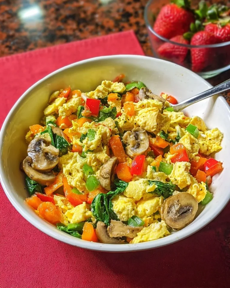 Healthy veggie egg scramble with colorful vegetables in a bowl