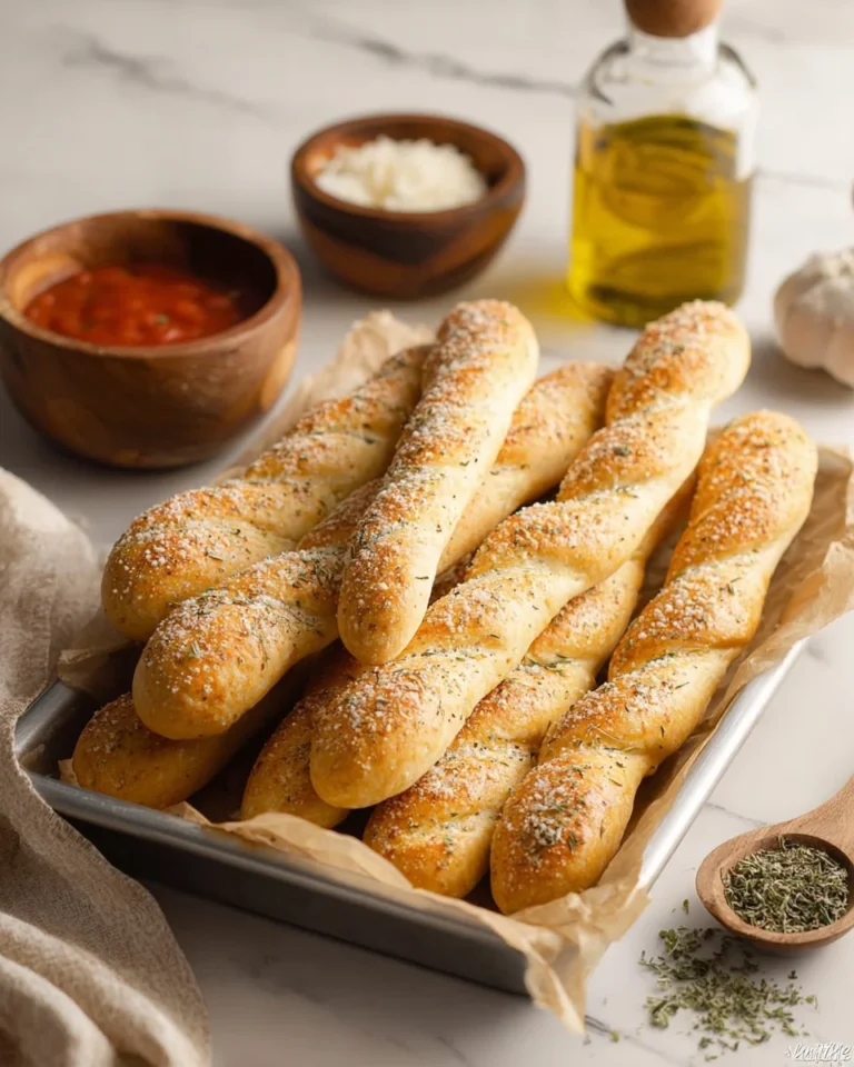 Freshly baked homemade breadsticks served with dipping sauce